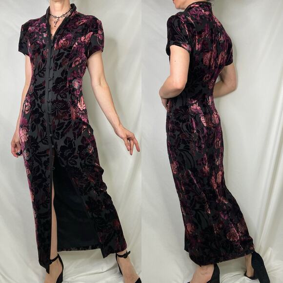 SOLD Jones New York velvet floral burnout maxi dress gown silk cheongsam - Picture 12 of 14